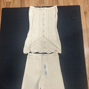 DEVON WINDSOR Cream Ribbed Knit Button-Front Strapless Top & Wide Leg Pants